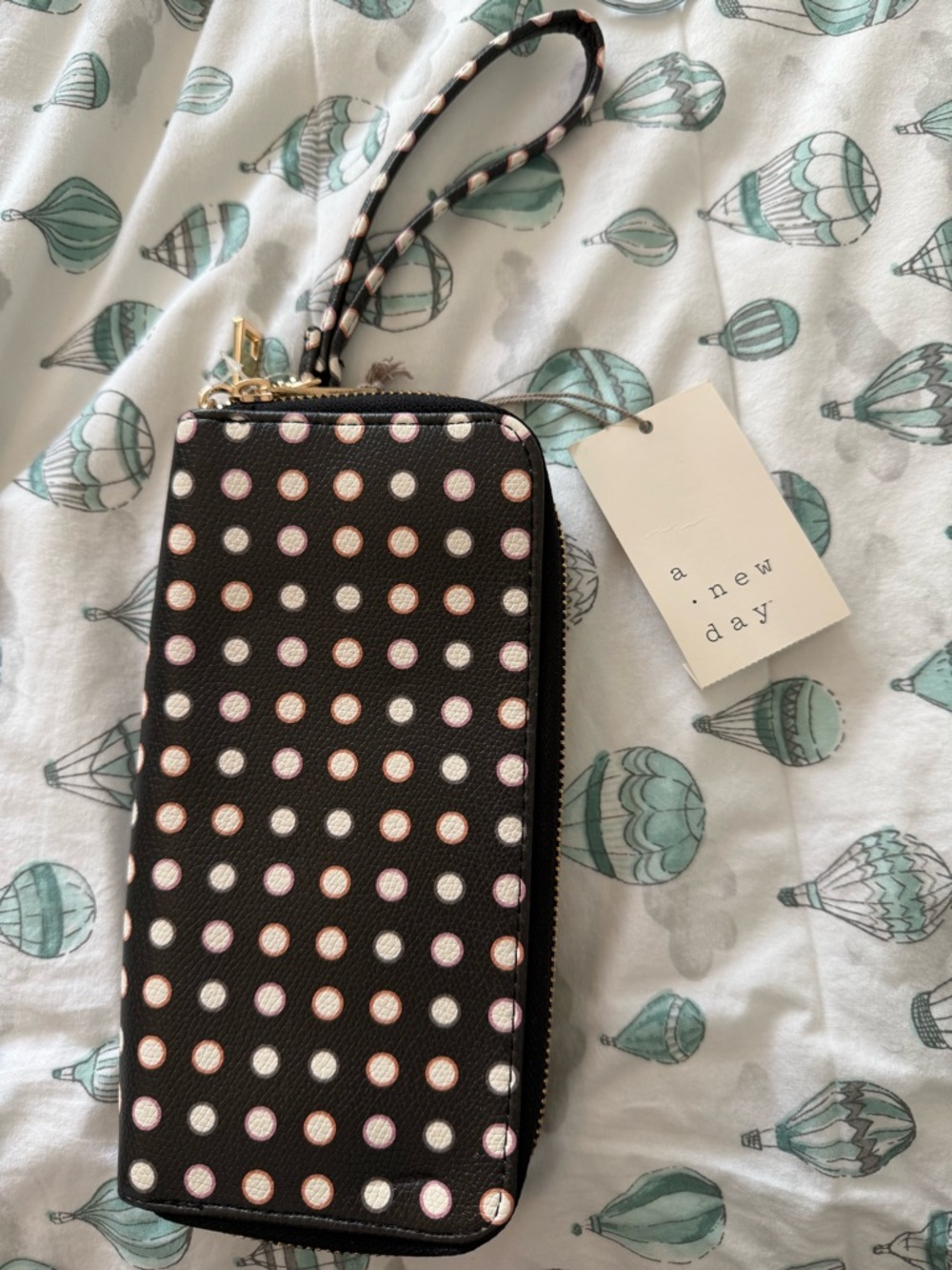 a new day Black Wristlet Wallet with Pink and Gold Polka Dots